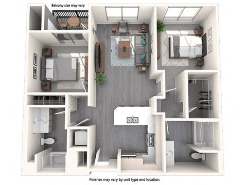 Floor plan for 2 beds, 2 baths, 1046 sqft