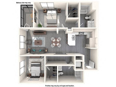 Floor plan for 2 beds, 2 baths, 1072 sqft