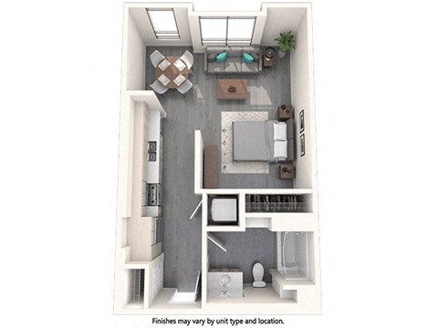 Floor plan for studio, 1 bath, 596 sqft