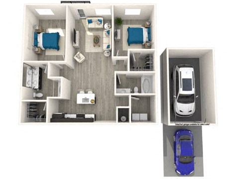 Floor plan for 2 beds, 2 baths, 1070 sqft