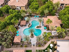 Chandler apartment for rent - An aerial view of a pool surrounded by palm trees and buildings.