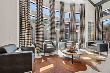 Chandler apartment for rent - A living room with a cowhide rug and a glass table with a vase of flowers on it.