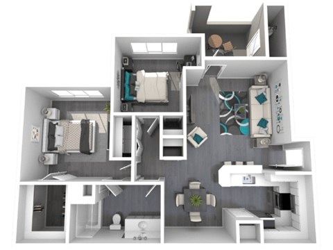 Floor plan for 2 beds, 1 bath, 893 sqft