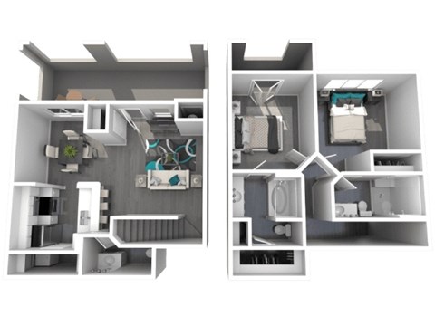 Floor plan for 2 beds, 2.5 baths, 979 sqft