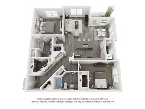 Floor plan for 2 beds, 2 baths, 1265 sqft