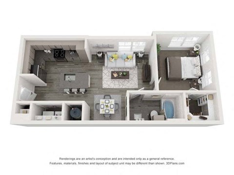 Floor plan for 1 bed, 1 bath, 663 sqft