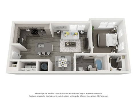 Floor plan for 1 bed, 1 bath, 663 sqft