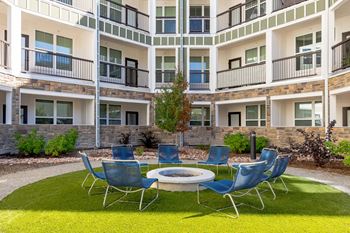Courtyard with hammocks, fire pits and yard games