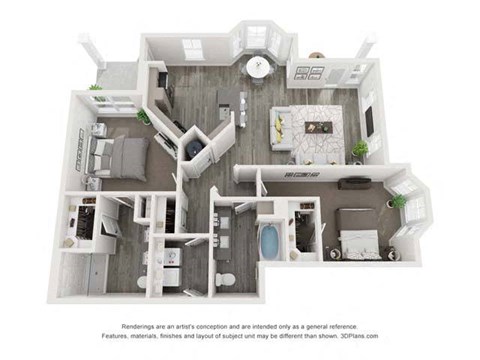 Floor plan for 2 beds, 2 baths, 1299 sqft