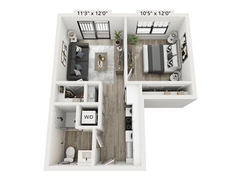 Floor plan for 1 bed, 1 bath, 505 sqft