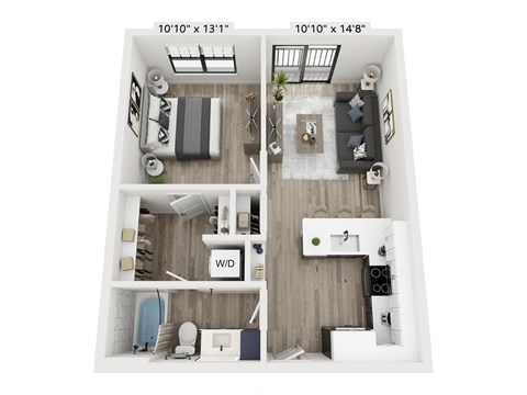 Floor plan for 1 bed, 1 bath, 621 sqft