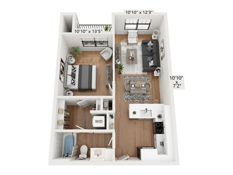 Floor plan for 1 bed, 1 bath, 676 sqft