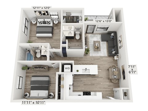 Floor plan for 2 beds, 2 baths, 971 sqft