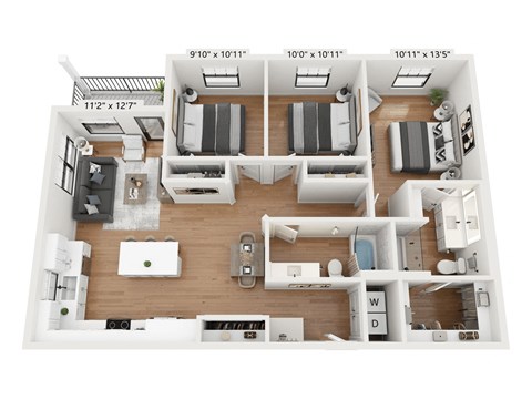 Floor plan for 3 beds, 2 baths, 1251 sqft