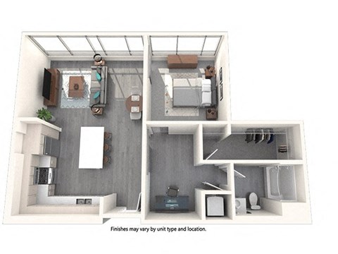 Floor plan for 1 bed, 1 bath, 933 sqft