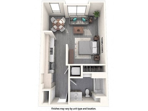 Floor plan for studio, 1 bath, 596 sqft