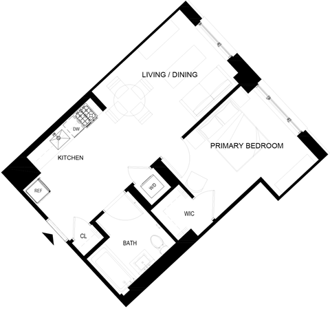 Floor plan for 1 bed, 1 bath, 516 sqft