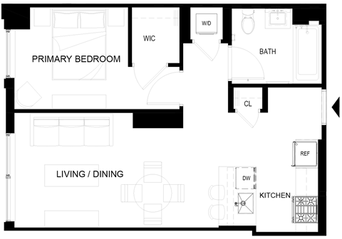 Floor plan for 1 bed, 1 bath, 562 sqft
