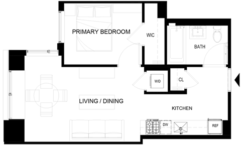 Floor plan for 1 bed, 1 bath, 422 sqft