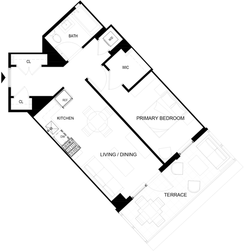 Floor plan for 1 bed, 1 bath, 562 sqft