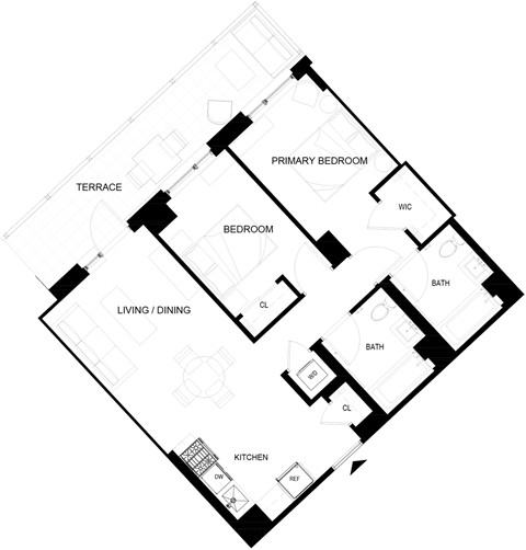 Floor plan for 2 beds, 2 baths, 777 sqft