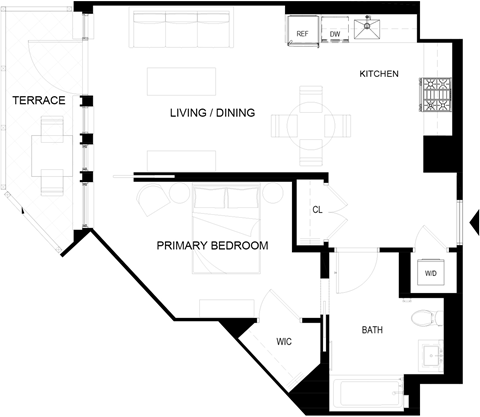 Floor plan for 1 bed, 1 bath, 634 sqft