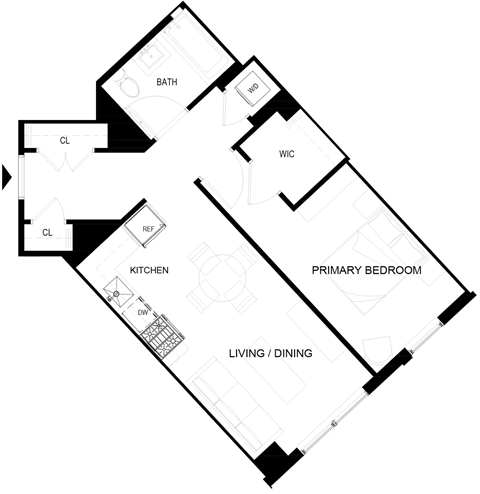 Floor plan for 1 bed, 1 bath, 562 sqft