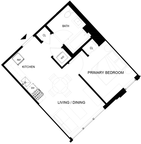 Floor plan for 1 bed, 1 bath, 443 sqft