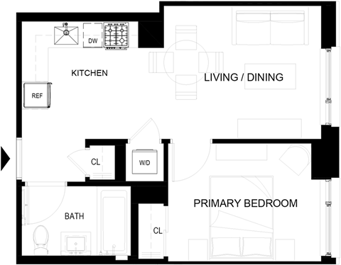 Floor plan for 1 bed, 1 bath, 452 sqft
