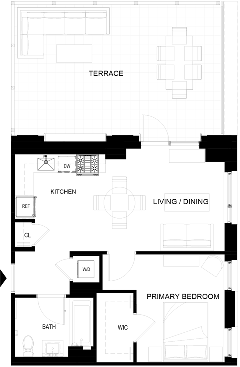 Floor plan for 1 bed, 1 bath, 540 sqft