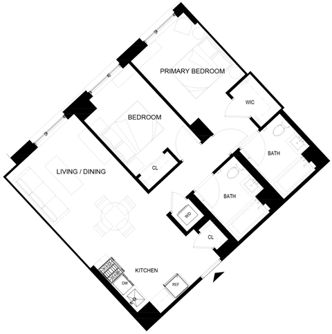 Floor plan for 2 beds, 2 baths, 777 sqft