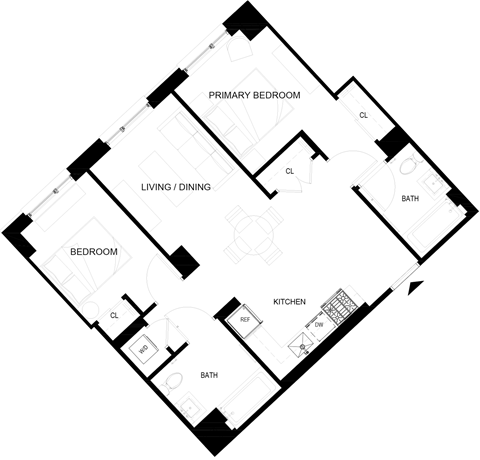 Floor plan for 2 beds, 2 baths, 775 sqft