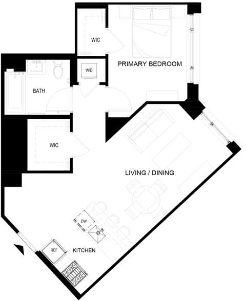 Floor plan for 1 bed, 1 bath, 646 sqft