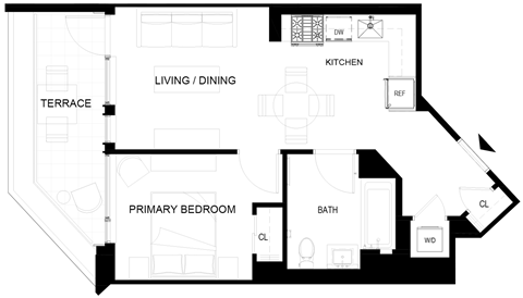 Floor plan for 1 bed, 1 bath, 504 sqft
