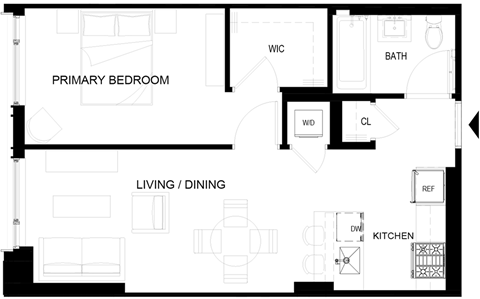 Floor plan for 1 bed, 1 bath, 571 sqft