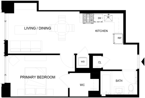 Floor plan for 1 bed, 1 bath, 550 sqft