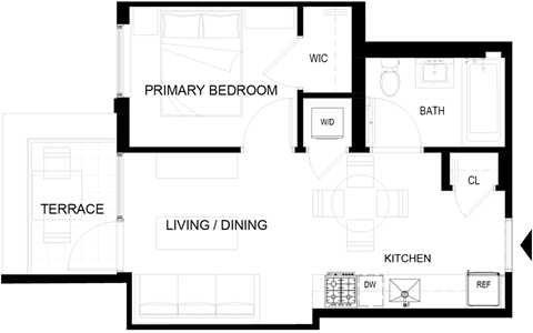 Floor plan for 1 bed, 1 bath, 401 sqft