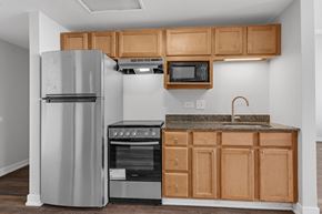 Chicago apartment for rent - a kitchen with stainless steel appliances and wooden cabinets