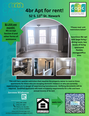 Newark apartment for rent - A flyer advertises a 4-bedroom apartment for rent at 52 S. 13th St. in Newark for $2,205 per month.