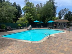 Rohnert Park apartment for rent - A small pool surrounded by a brick patio and trees.