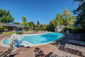 Redding apartment for rent - A pool surrounded by lounge chairs and umbrellas.