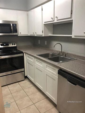 Knoxville apartment for rent - A kitchen with white cabinets and a black dishwasher.