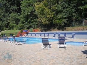 Knoxville apartment for rent - A pool with chairs around it and trees in the background.