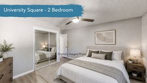 Davis apartment for rent - A well-lit, spacious bedroom with a double bed and a mirrored closet door.