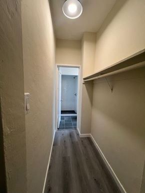 San Francisco apartment for rent - A hallway with a door at the end and a light on the ceiling.