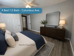 Chico apartment for rent - A bedroom with a bed, dresser, and mirror.
