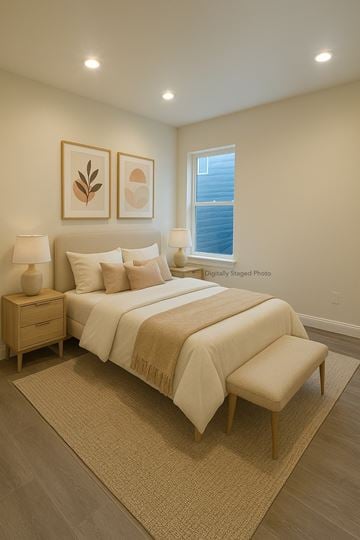 San Francisco apartment for rent - A bedroom with a large bed and two lamps.