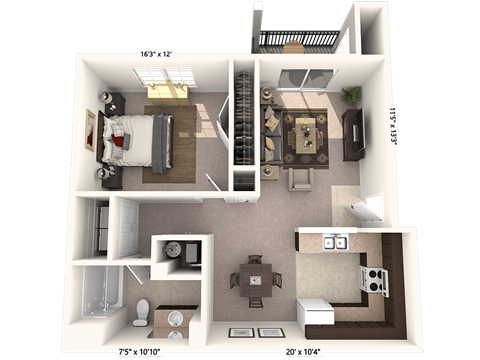 Floor plan for 1 bed, 1 bath, 718 sqft