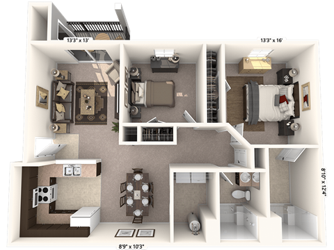 Floor plan for 2 beds, 2 baths, 939 sqft