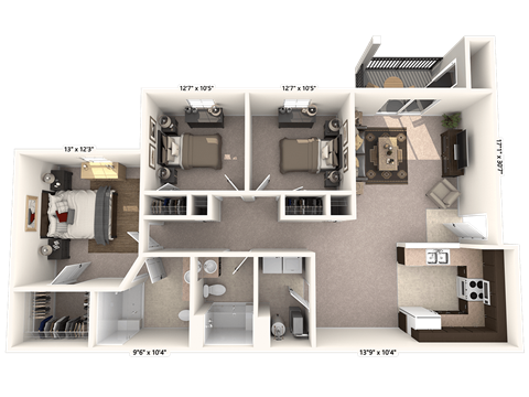 Floor plan for 3 beds, 2 baths, 1133 sqft
